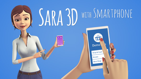 Sara 3D Character with Smartphone - Female Presenter for Mobile App - Download Videohive 15887749
