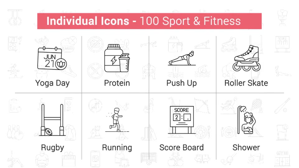 100 Sport & Fitness Line Icons Videohive 38906642 After Effects Image 10