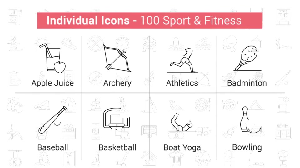 100 Sport & Fitness Line Icons Videohive 38906642 After Effects Image 4