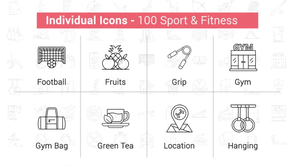 100 Sport & Fitness Line Icons Videohive 38906642 After Effects Image 7