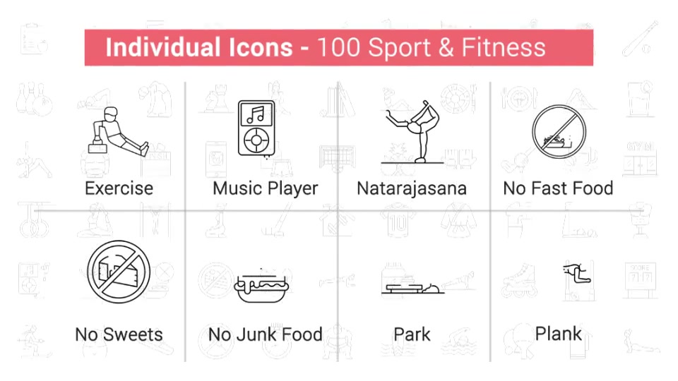 100 Sport & Fitness Line Icons Videohive 38906642 After Effects Image 9