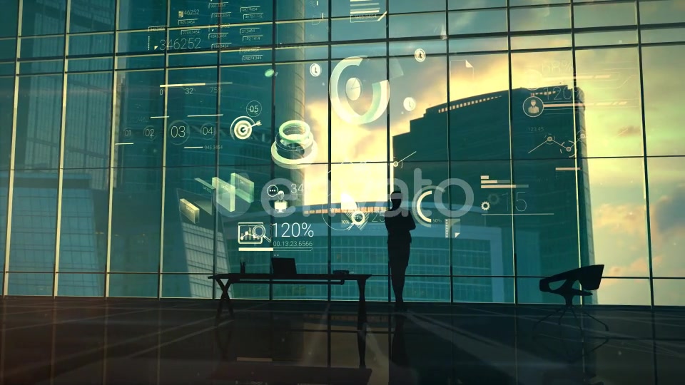 A Successful Businesswoman Against The Backdrop Of A Panoramic Window And Corporate Infographic - Download Videohive 21985678