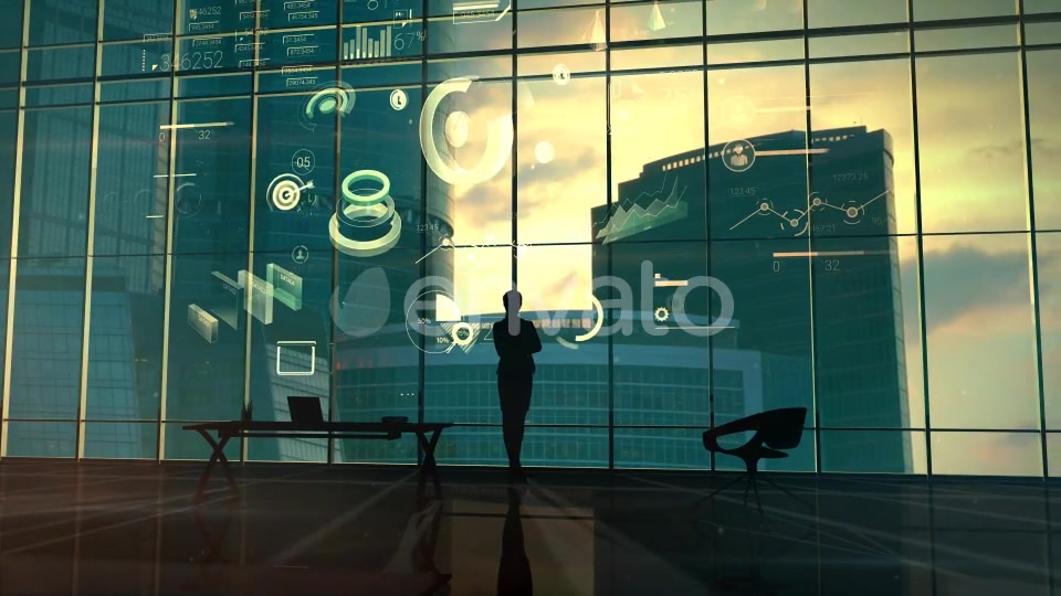 A Successful Businesswoman Against The Backdrop Of A Panoramic Window And Corporate Infographic - Download Videohive 21985678