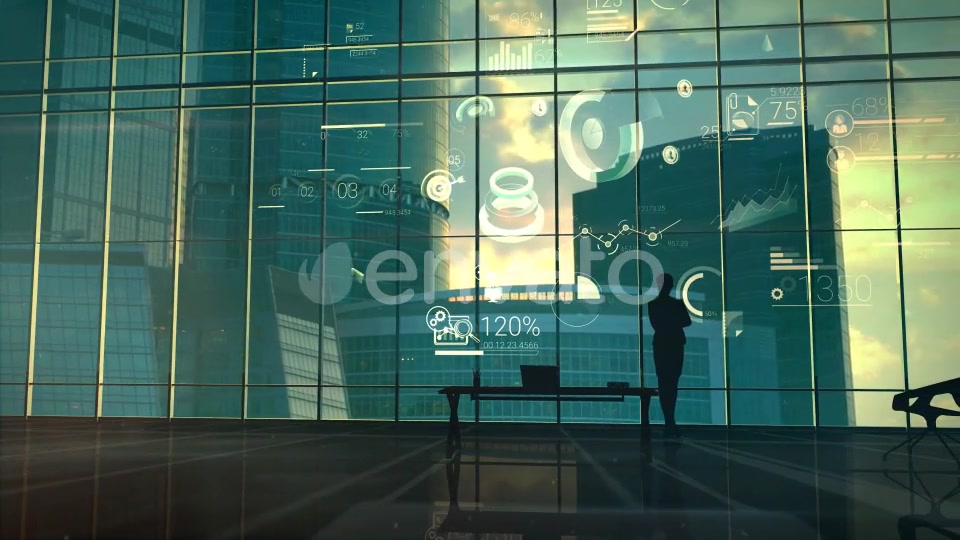 A Successful Businesswoman Against The Backdrop Of A Panoramic Window And Corporate Infographic - Download Videohive 21985709