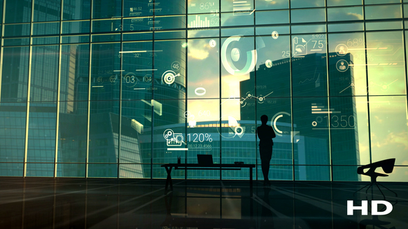 A Successful Businesswoman Against The Backdrop Of A Panoramic Window And Corporate Infographic - Download Videohive 21985709