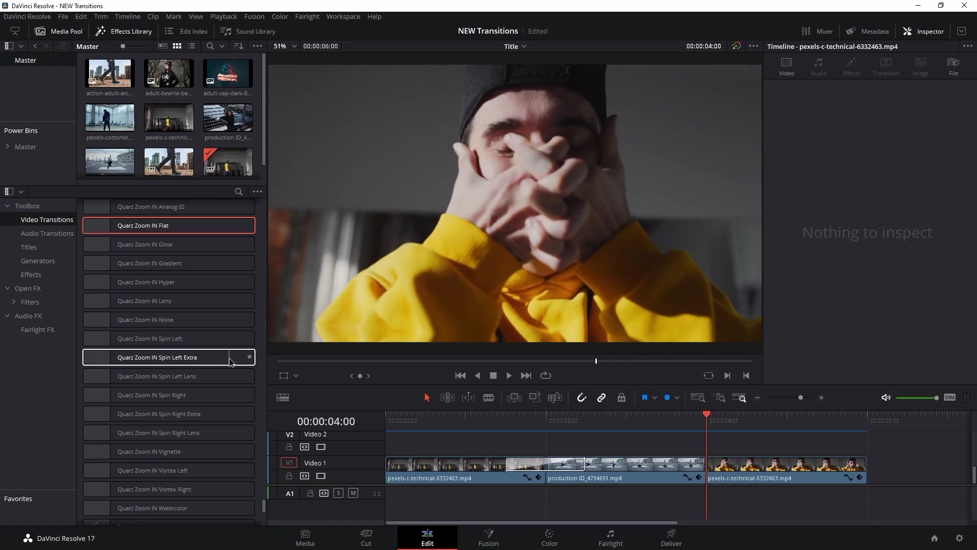 davinci resolve transitions all clips to the right