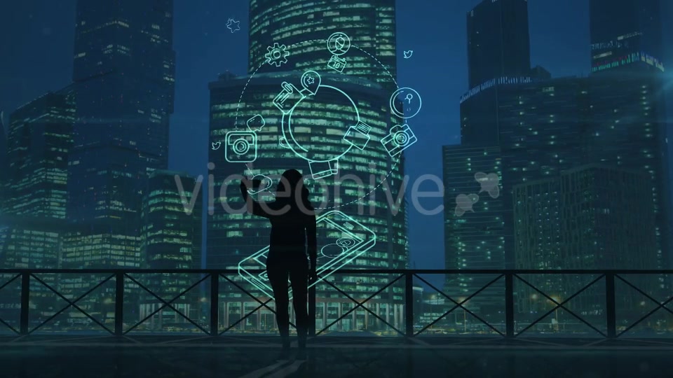 Girl Does Selfie On A Background Of Skyscrapers And Social Media Infographics - Download Videohive 21214069