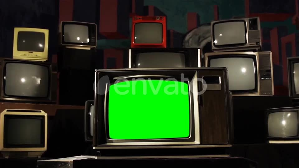 Old TV Green Screen in the Middle of Many TVs. Aesthetics of the 80s.  Videohive 21360677 Stock Footage Image 2