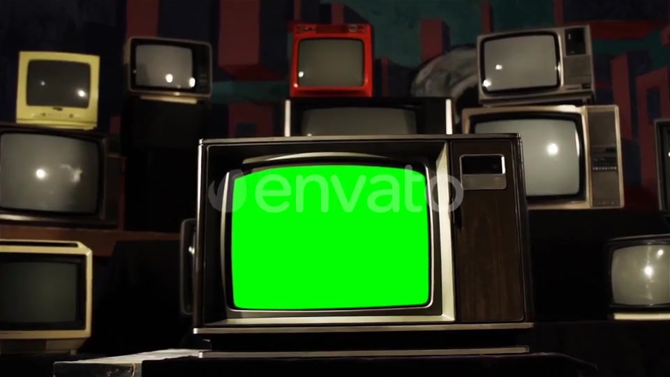 Old TV Green Screen in the Middle of Many TVs. Aesthetics of the 80s.  Videohive 21360677 Stock Footage Image 3
