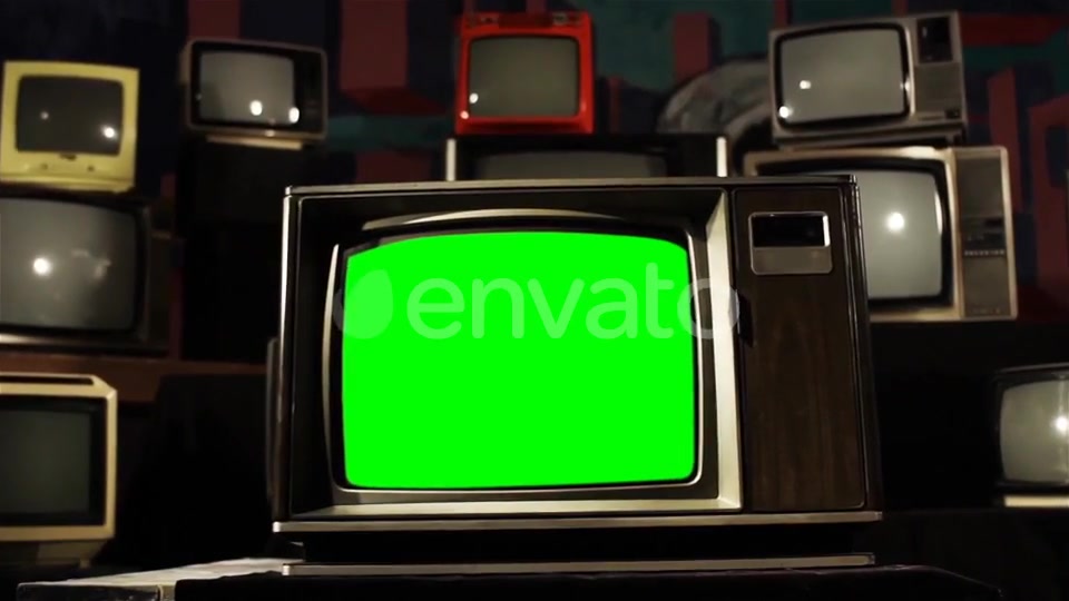 Old TV Green Screen in the Middle of Many TVs. Aesthetics of the 80s.  Videohive 21360677 Stock Footage Image 4