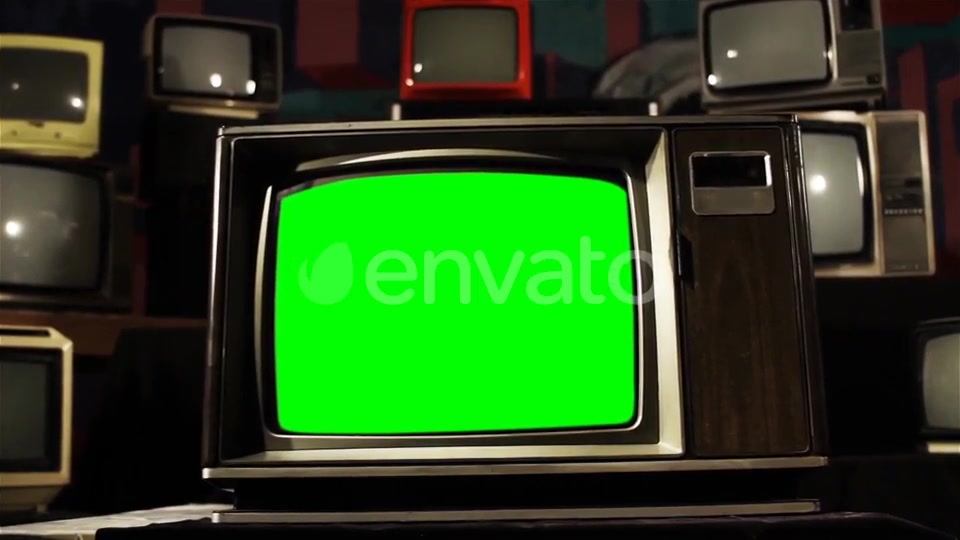 Old TV Green Screen in the Middle of Many TVs. Aesthetics of the 80s.  Videohive 21360677 Stock Footage Image 5