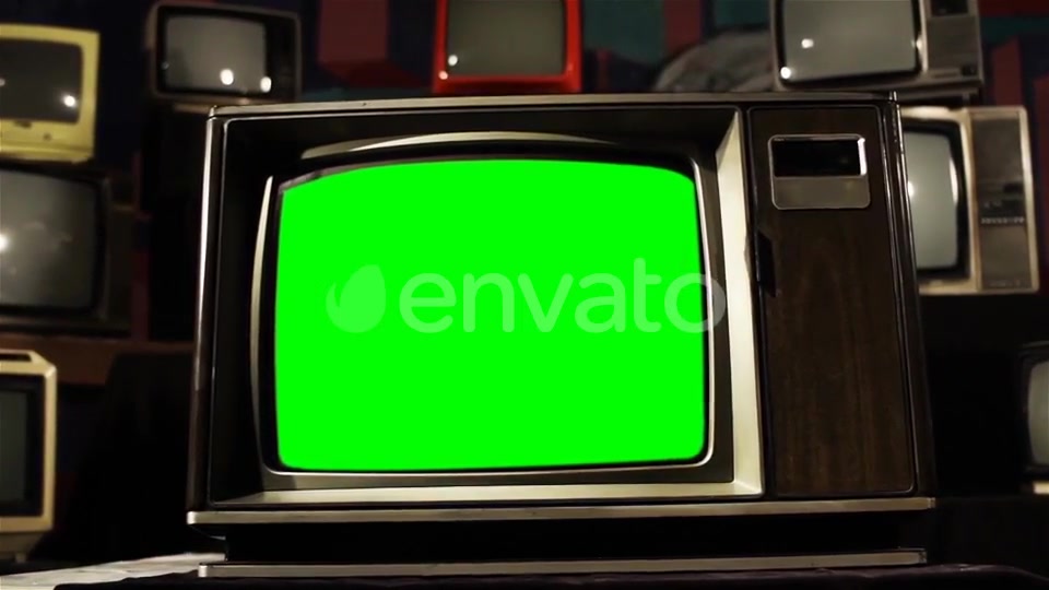 Old TV Green Screen in the Middle of Many TVs. Aesthetics of the 80s.  Videohive 21360677 Stock Footage Image 6