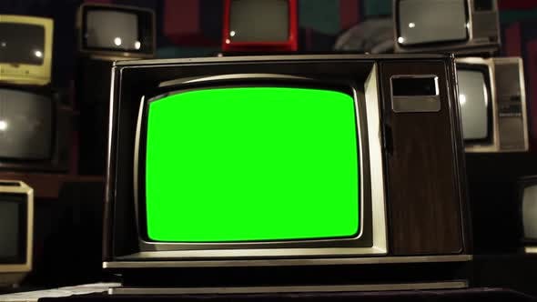 Old TV Green Screen in the Middle of Many TVs. Aesthetics of the 80s.  - Videohive 21360677 Download