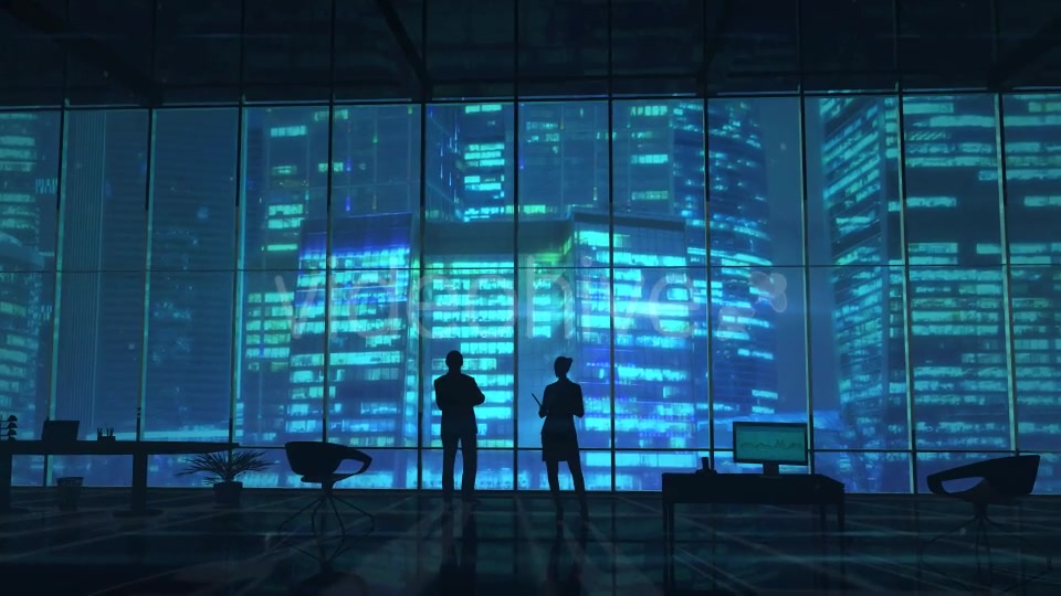 Silhouettes In An Office Building Against Of Skyscrapers - Download Videohive 20524474