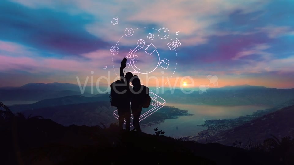 The Pair Makes Selfie Against The Background Of Sunrise And Infographics - Download Videohive 21217438