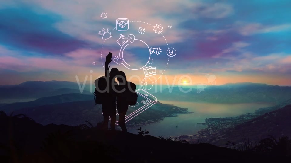 The Pair Makes Selfie Against The Background Of Sunrise And Infographics - Download Videohive 21217438