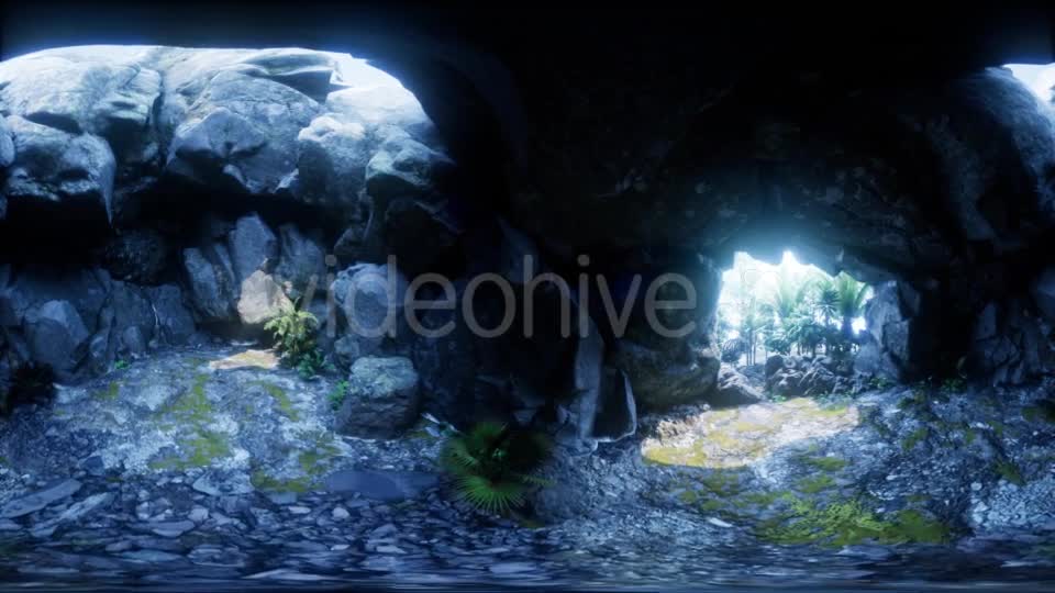 VR 360 Camera Moving Inside Tropical Cave in Jungle with Palms and Sun Light - Download Videohive 21406886