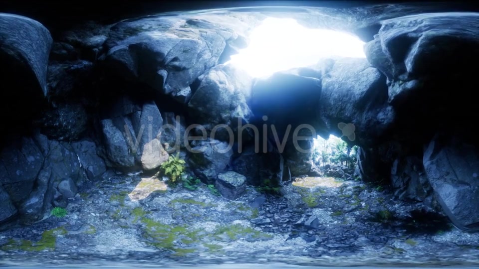 VR 360 Camera Moving Inside Tropical Cave in Jungle with Palms and Sun Light - Download Videohive 21406886