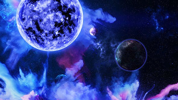 Abstract Nebula in Space with Big Blue Star and Planets and Energy Flares - Videohive Download 21436957