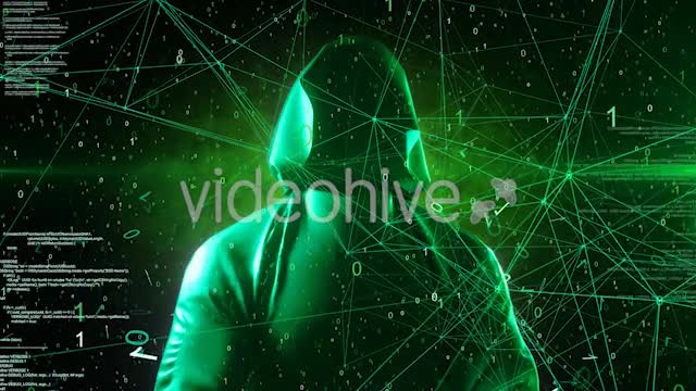 Anonymous Hacker In Hoodie Green Digital Source Code Computer Space 4K Videohive 20825381 Motion Graphics Image 1