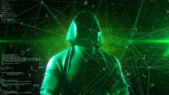 Anonymous Hacker In Hoodie Green Digital Source Code Computer Space 4K - 20825381 Videohive Download