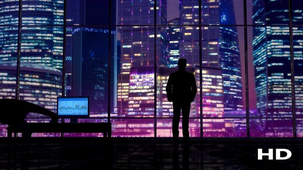 Businessman In An Office On A Background Of Night Skyscrapers - Videohive 20445687 Download