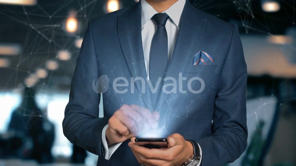 Businessman Smartphone Hologram Word Machine Learning Videohive 22838846 Motion Graphics Image 3