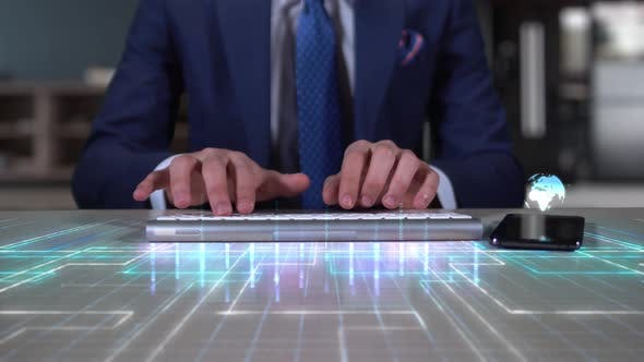 Businessman Writing On Hologram Desk Tech Word Quantum Computing - Videohive 23999431 Download