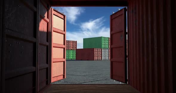 Cargo Terminal Is a Lot of Shipping Containers and Taking Off Airplane - 24119030 Videohive Download