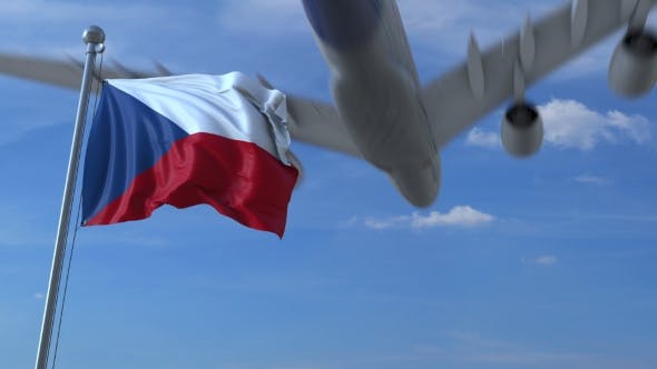 Commercial Airplane Landing Behind Waving Czech Flag - Videohive Download 20536756
