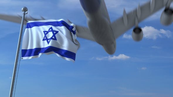 Commercial Airplane Landing Behind Waving Israeli Flag - Download Videohive 20536775
