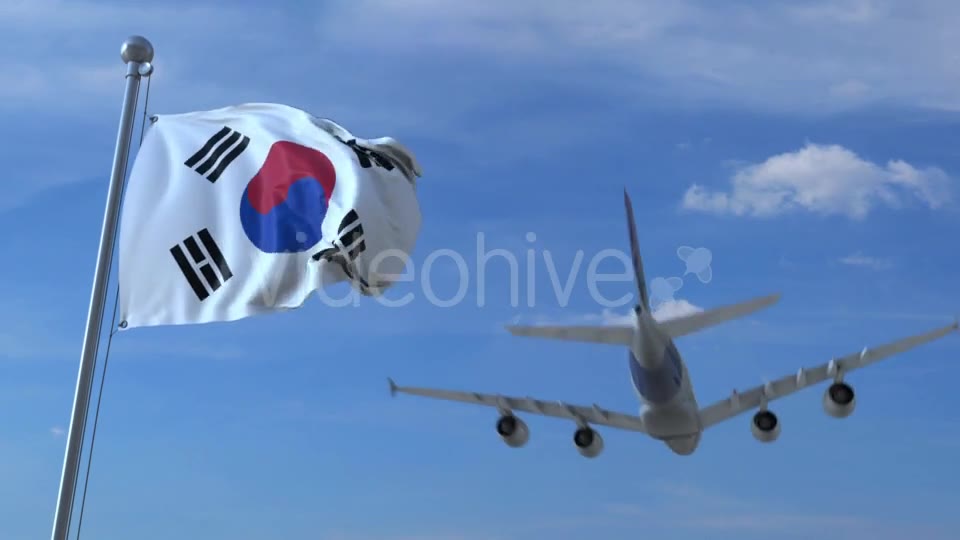 Commercial Airplane Landing Behind Waving Korean Flag Videohive 20536803 Motion Graphics Image 2