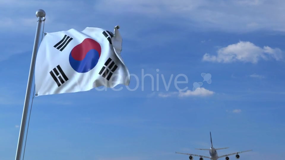 Commercial Airplane Landing Behind Waving Korean Flag Videohive 20536803 Motion Graphics Image 3