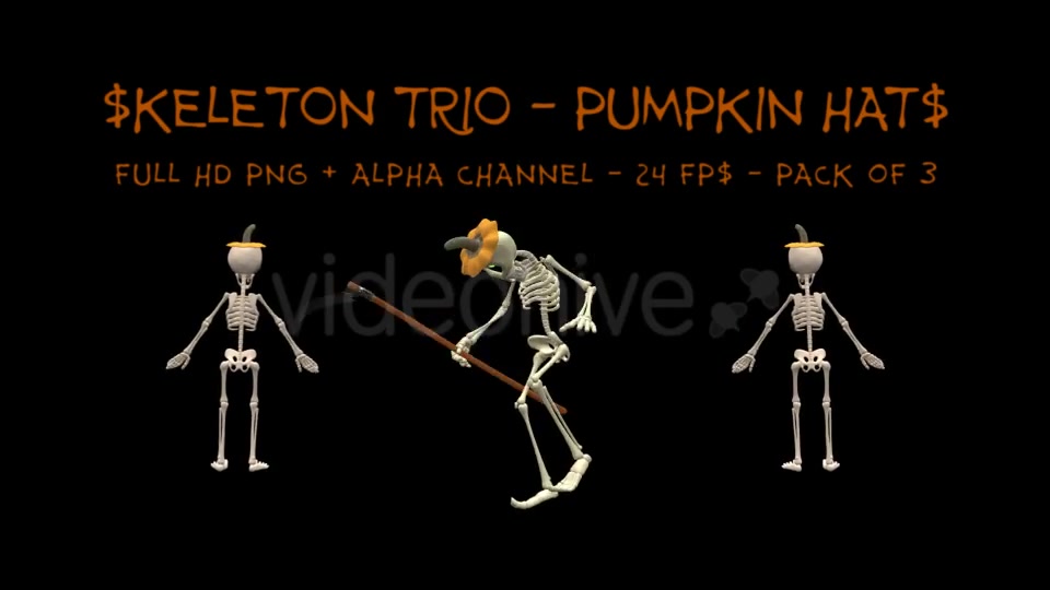 Dancing Skeleton Trio Pumpkin Hats Pack of 3 Videohive 9201439 Motion Graphics Image 10