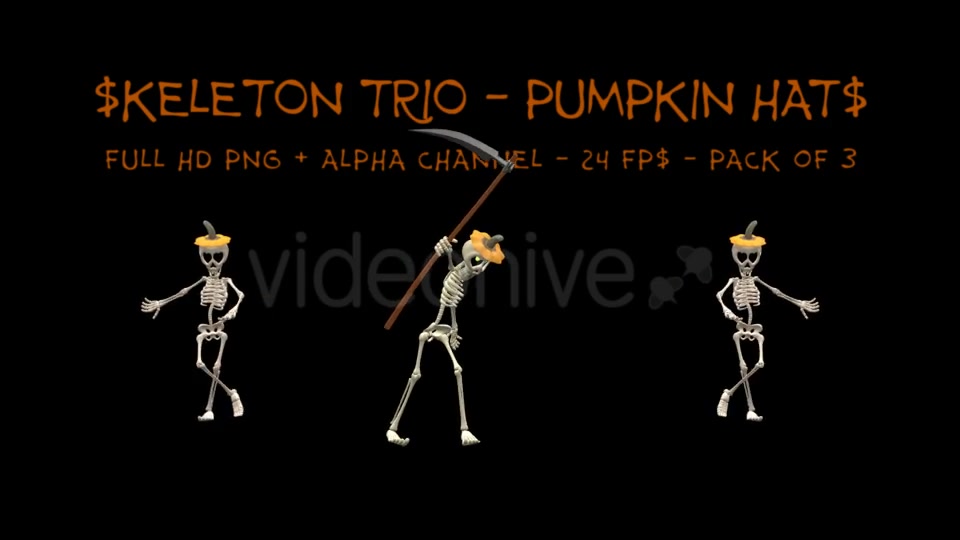 Dancing Skeleton Trio Pumpkin Hats Pack of 3 Videohive 9201439 Motion Graphics Image 12