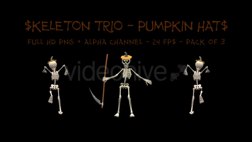Dancing Skeleton Trio Pumpkin Hats Pack of 3 Videohive 9201439 Motion Graphics Image 2