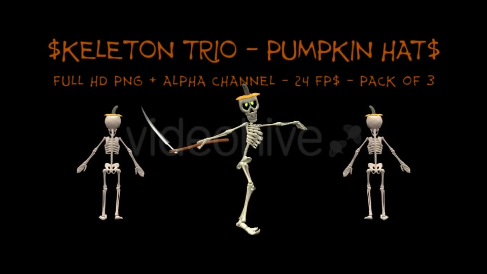 Dancing Skeleton Trio Pumpkin Hats Pack of 3 Videohive 9201439 Motion Graphics Image 3