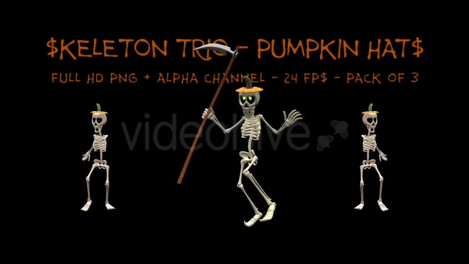 Dancing Skeleton Trio Pumpkin Hats Pack of 3 Videohive 9201439 Motion Graphics Image 4