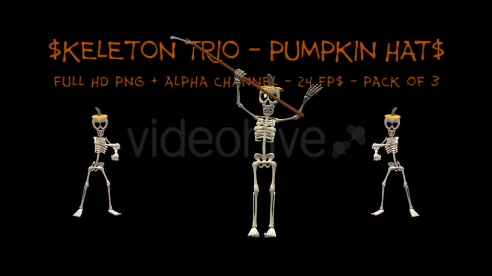 Dancing Skeleton Trio Pumpkin Hats Pack of 3 Videohive 9201439 Motion Graphics Image 5