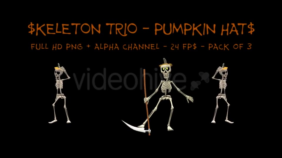 Dancing Skeleton Trio Pumpkin Hats Pack of 3 Videohive 9201439 Motion Graphics Image 7