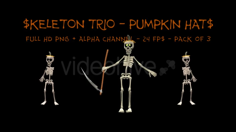 Dancing Skeleton Trio Pumpkin Hats Pack of 3 Videohive 9201439 Motion Graphics Image 9