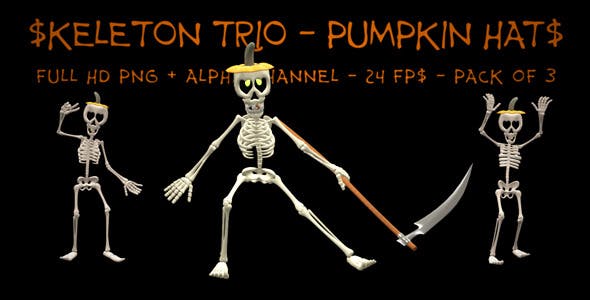 Dancing Skeleton Trio Pumpkin Hats Pack of 3 - 9201439 Videohive Download