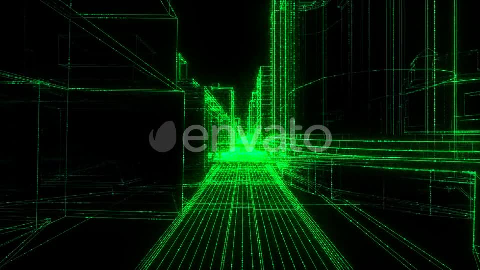 Flying Inside Green Digital Wireframe City Seamless Loop Videohive 22732079 Motion Graphics Image 1