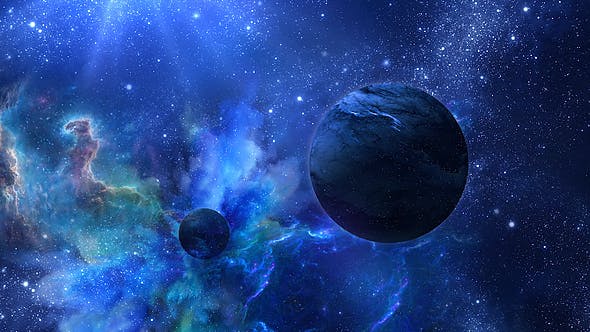 Flying Through Abstract Blue Space with Planets and Shine of Star - Videohive 20938071 Download