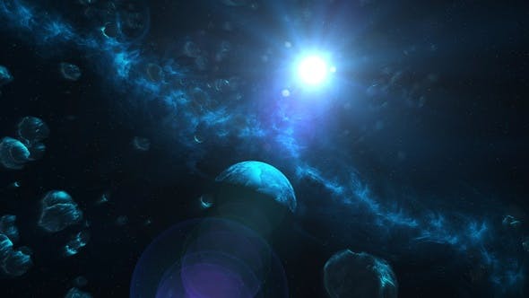 Flying Through Asteroids and Blue Planet to Space Nebula and Star - Videohive 22724319 Download