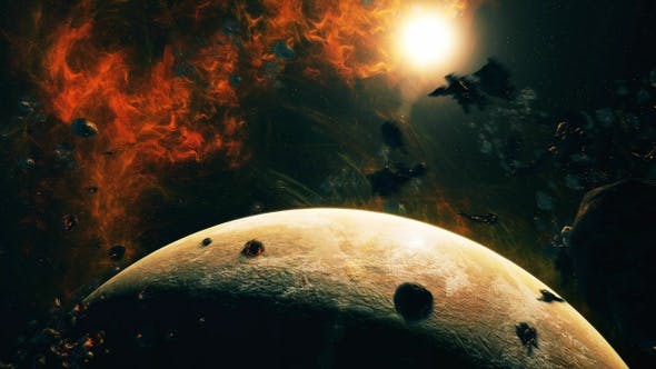 Flying Through Asteroids with Big Planet to Space Nebula and Star - Download 22760545 Videohive