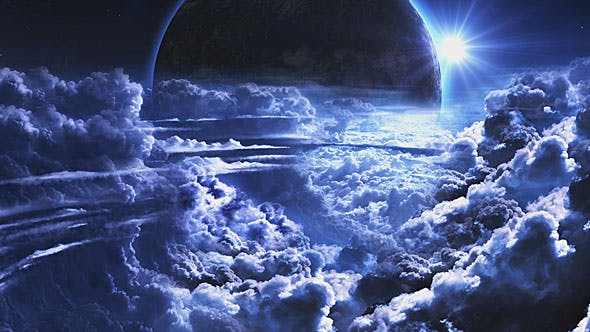 Flying Through Blue Clouds with Planet and Star on the Background - Videohive Download 20557105