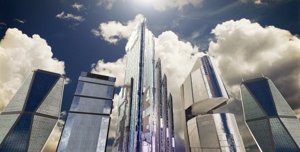 Futuristic City. Skyscrapers, Sky, Clouds and Sun - Videohive 13409971 Download