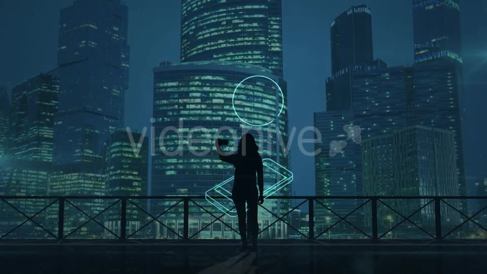 Girl Does Selfie On A Background Of Skyscrapers And Social Media Infographics Videohive 21214075 Motion Graphics Image 1