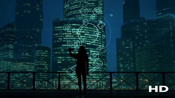 Girl Does Selfie On A Background Of Skyscrapers And Social Media Infographics - 21214075 Download Videohive